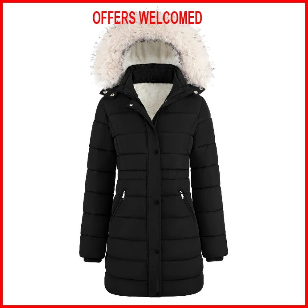 Mid-Length Fleece Lined Puffer Coat with Removable Hood, Winter Parka